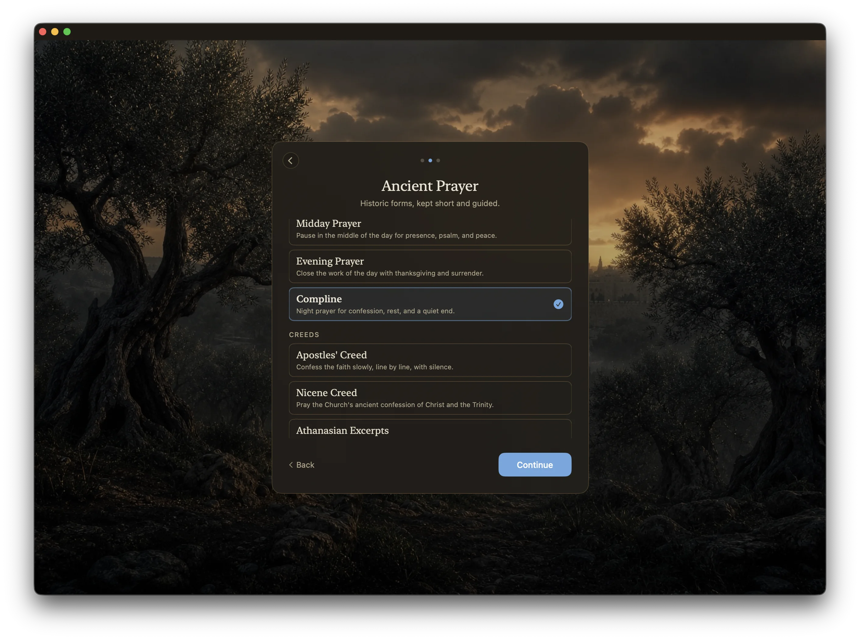 Maranatha Ancient Prayer setup screen over an olive grove background