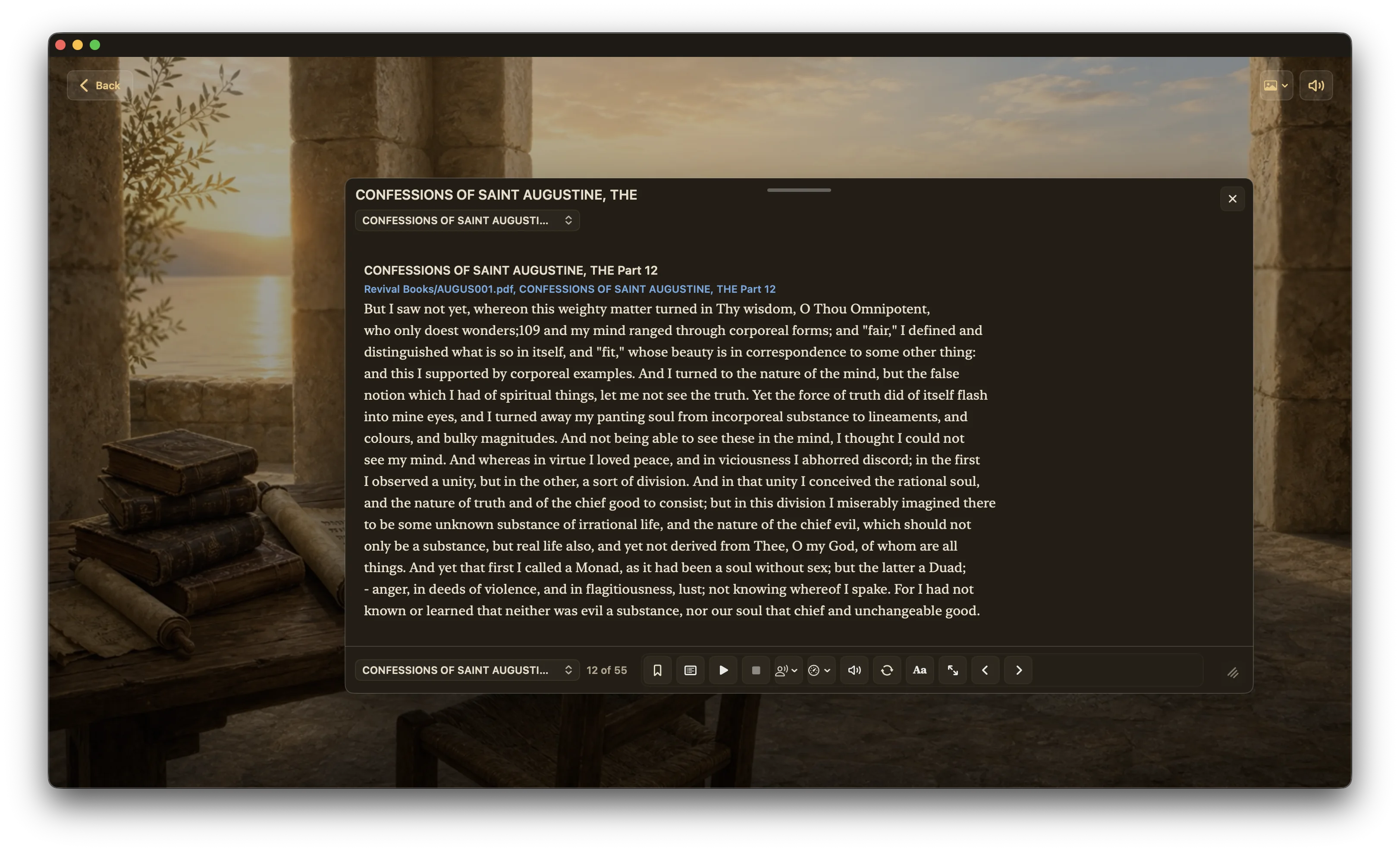 Maranatha reference book reader open to Confessions of Saint Augustine