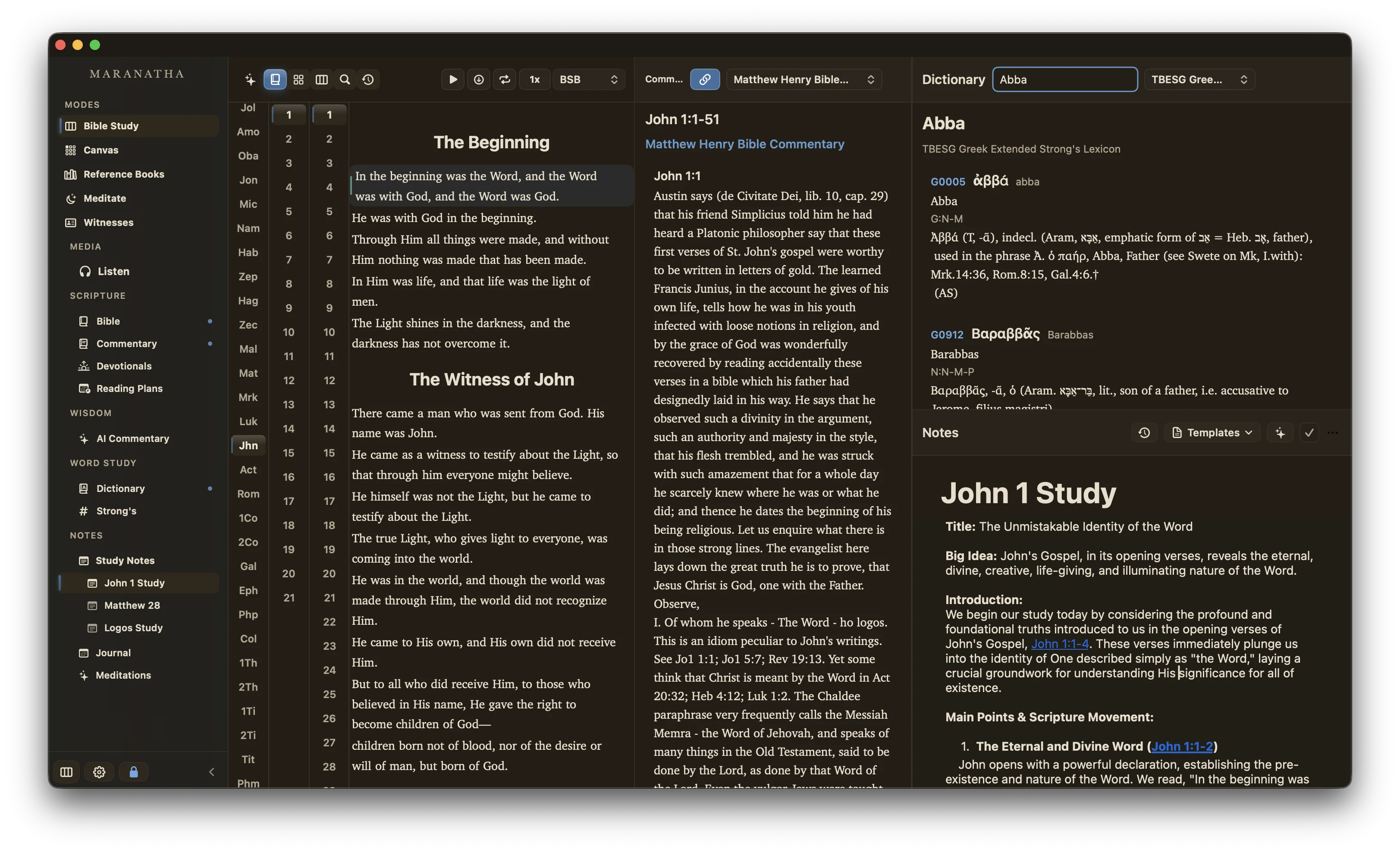 Maranatha study desk with Bible, commentary, dictionary, and notes in dark mode