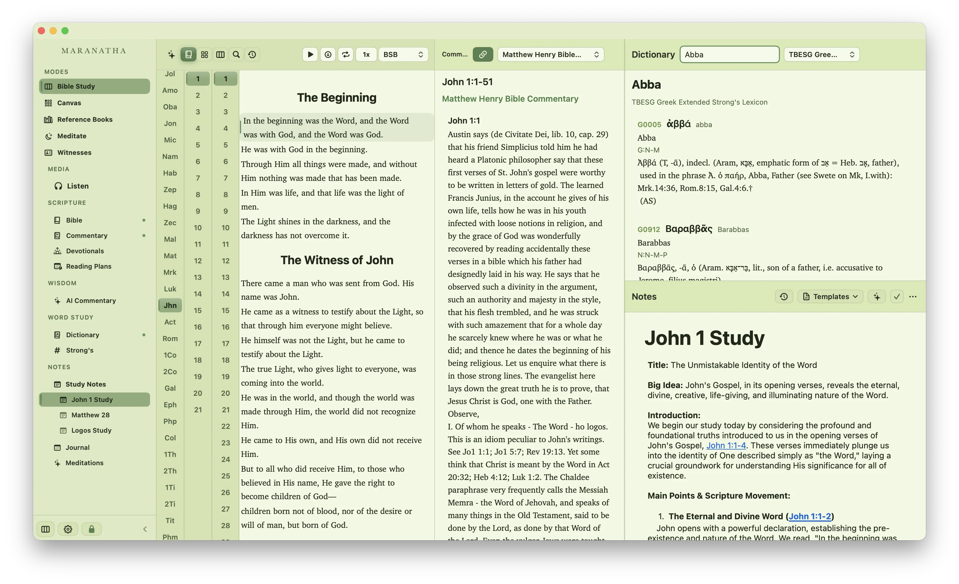 Maranatha study desk with Bible, commentary, dictionary, and notes in a green reading theme