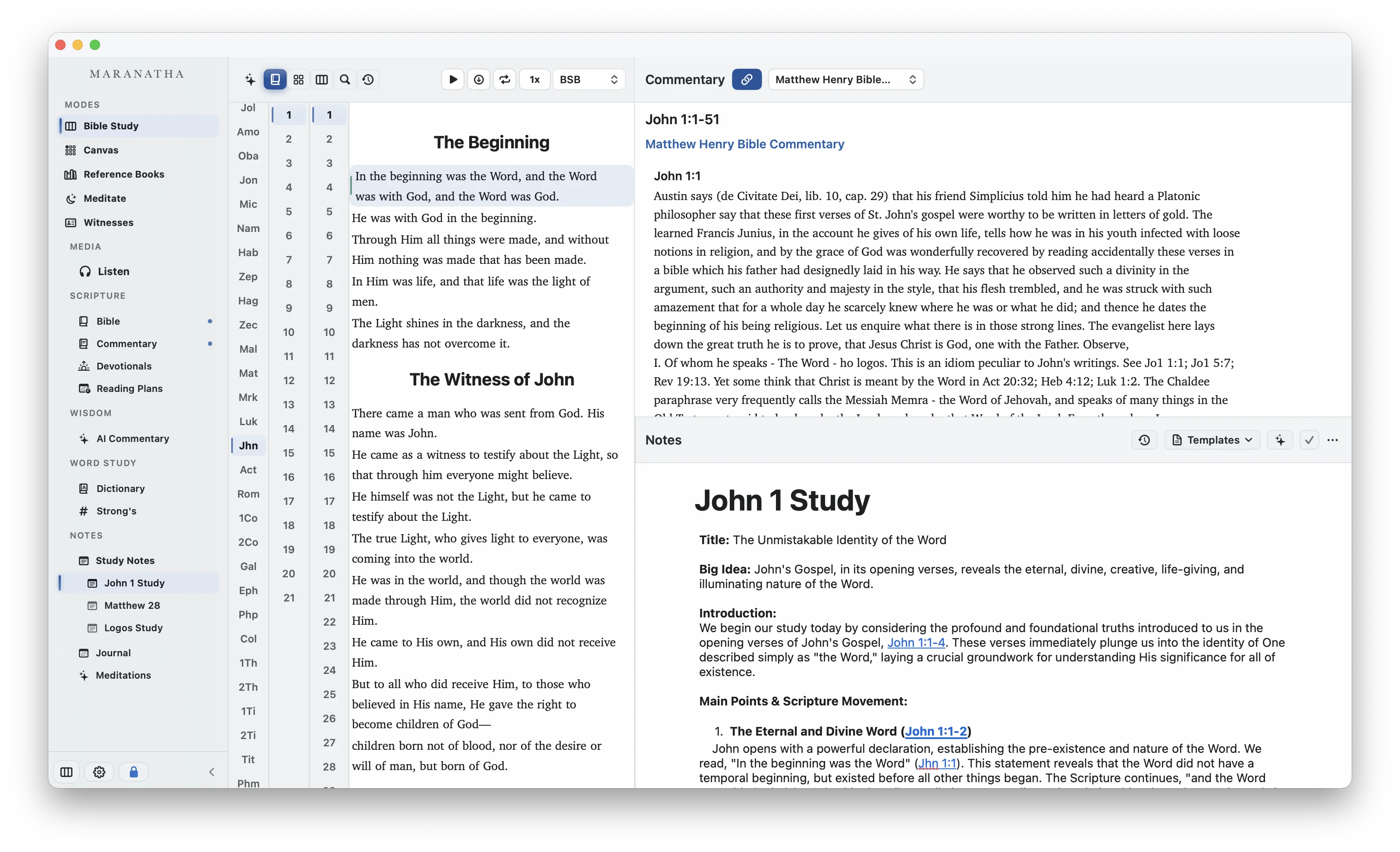 Maranatha study desk with Bible, commentary, and study notes in light mode