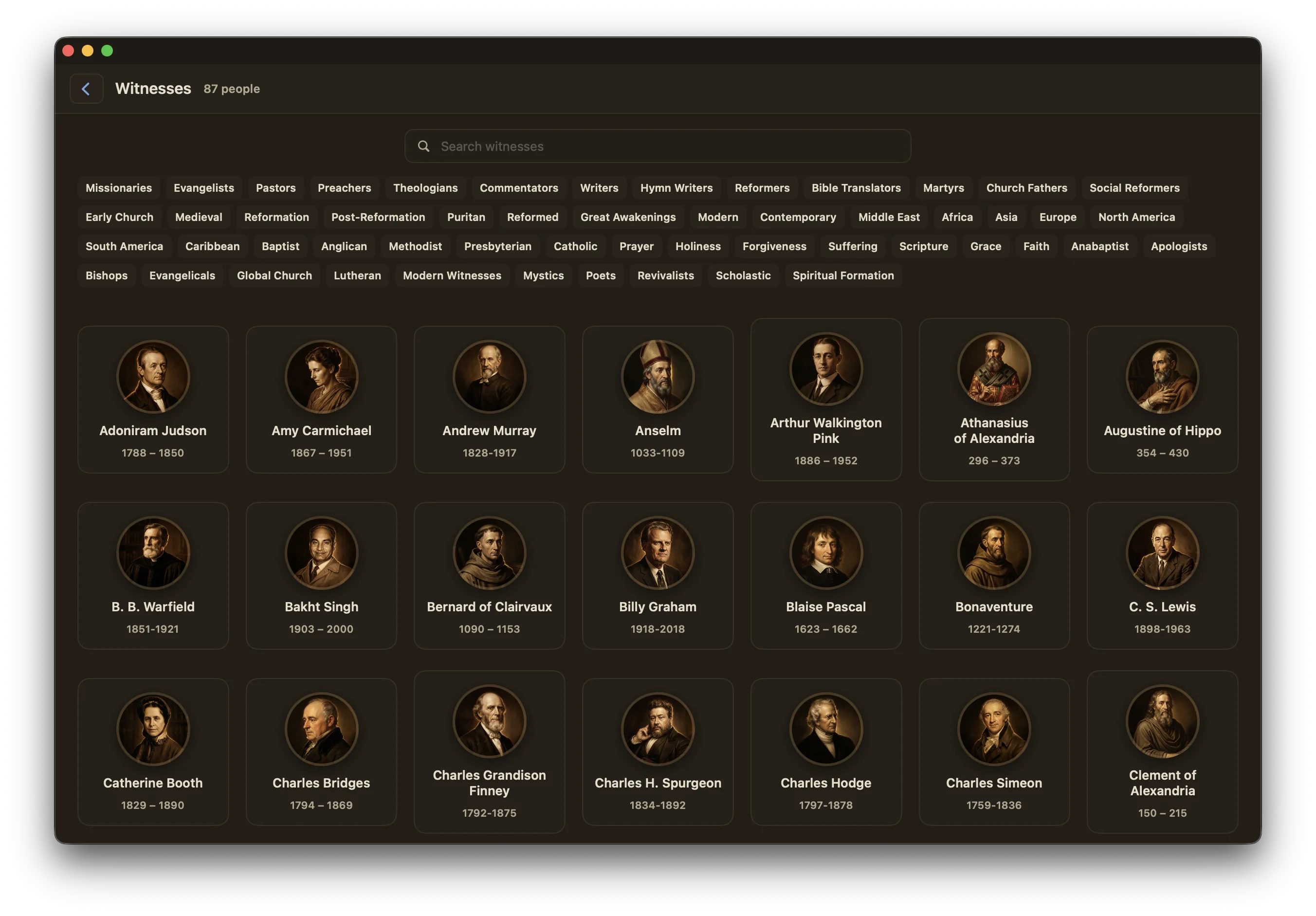 Maranatha Witnesses library showing Christian voices in a searchable grid